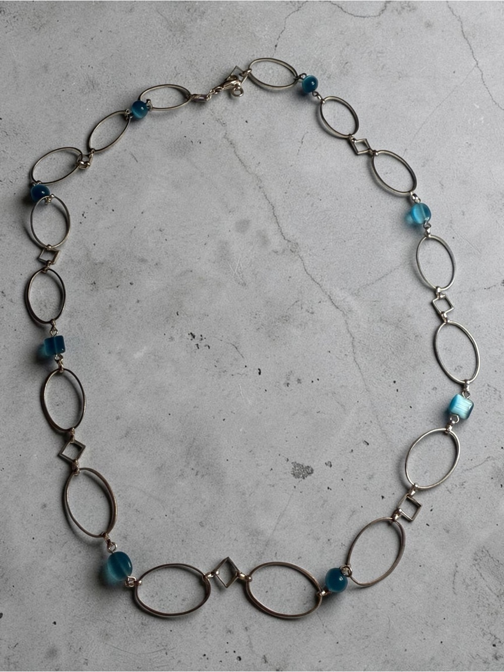 Silver Link Necklace with Blue Beads